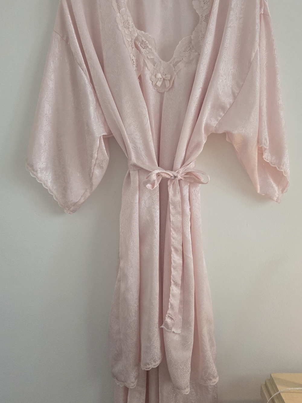 Vintage Light Pink Satin Lace Robe with Tie Belt